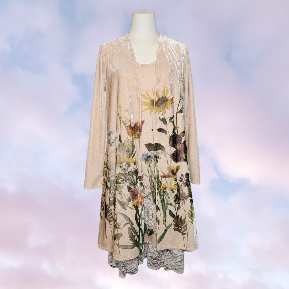 Vtg Vocal Two Piece Cardigan Dress Velvet Floral Flower Lace Layer Cottage Set